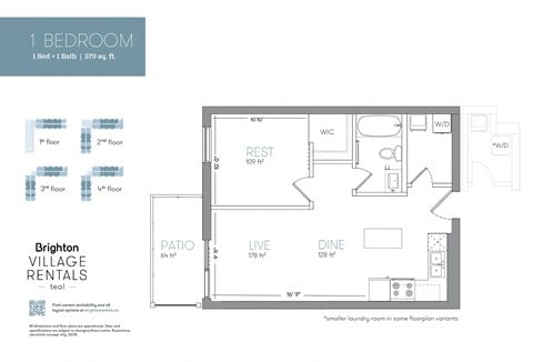Floor plan for 1 bed, 1 bath, 579 sqft